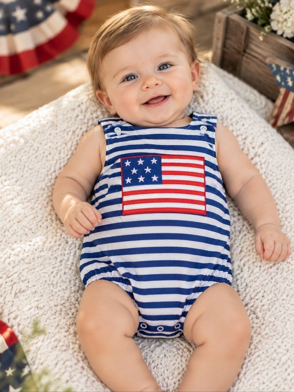 Baby Boy Bubble Romper 6M American Flag Applique Stripe Infant Bodysuit NWT USA